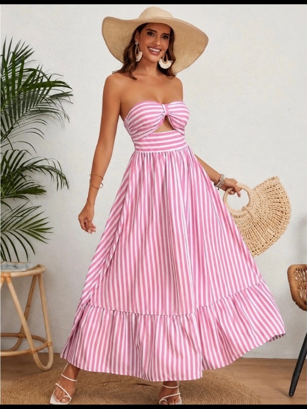 SHEIN Pink & White Striped Bandeau Maxi Dress with Front Knot